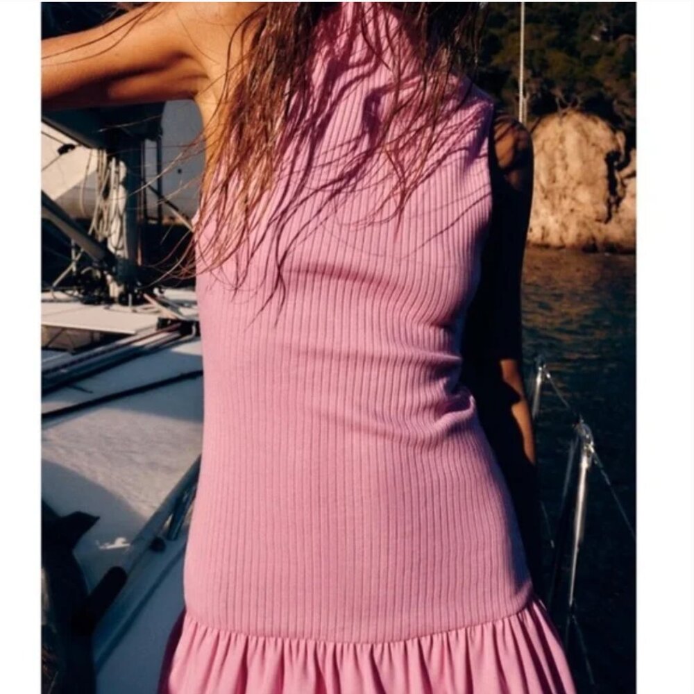 Pink Zara Ribbed Balloon Dress NWT